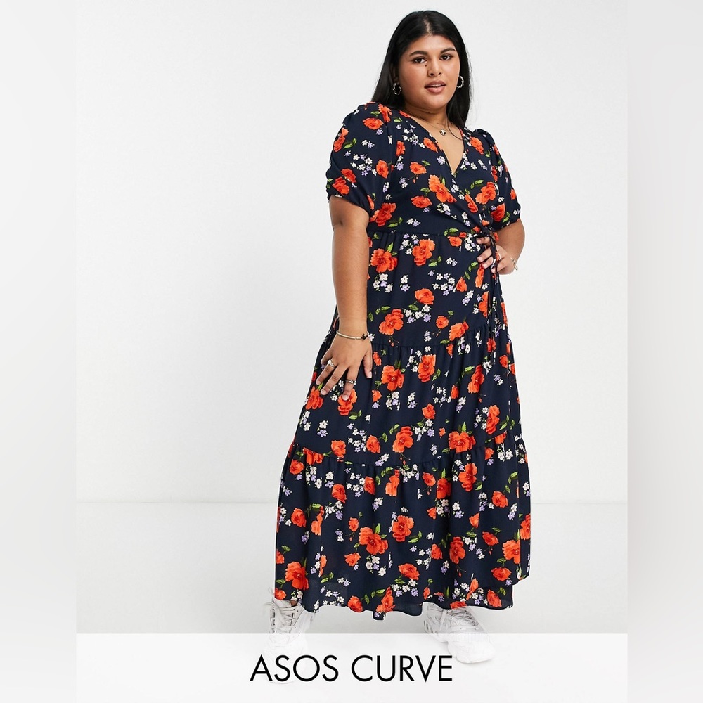 Asos Design Curve Wrap Front Tiered Smock Midi Dr… - image 3